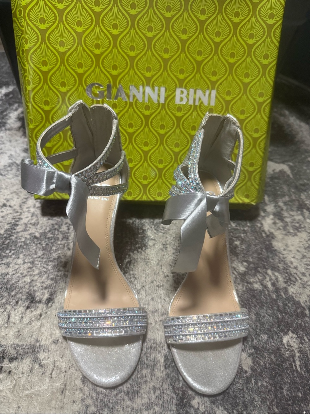 Gianni Bini Silver Crystal Bow Ankle-Tie Sandals